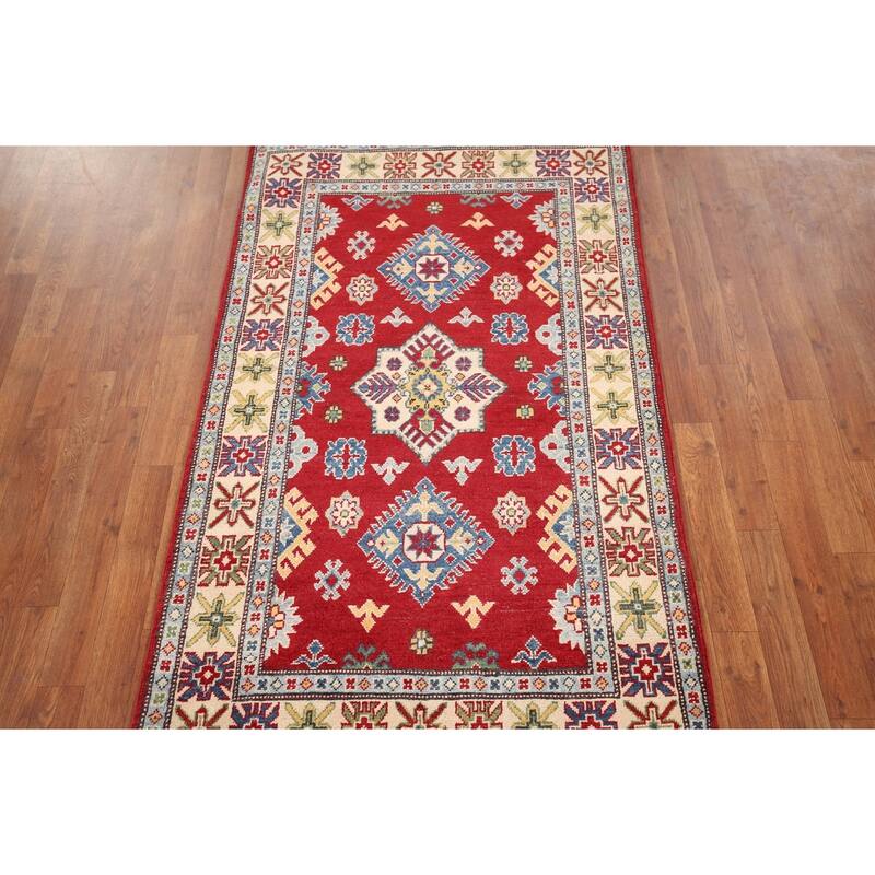 Red Geometric Kazak Oriental Foyer Rug Hand-Knotted Wool Carpet - 3'4" x 5'6"