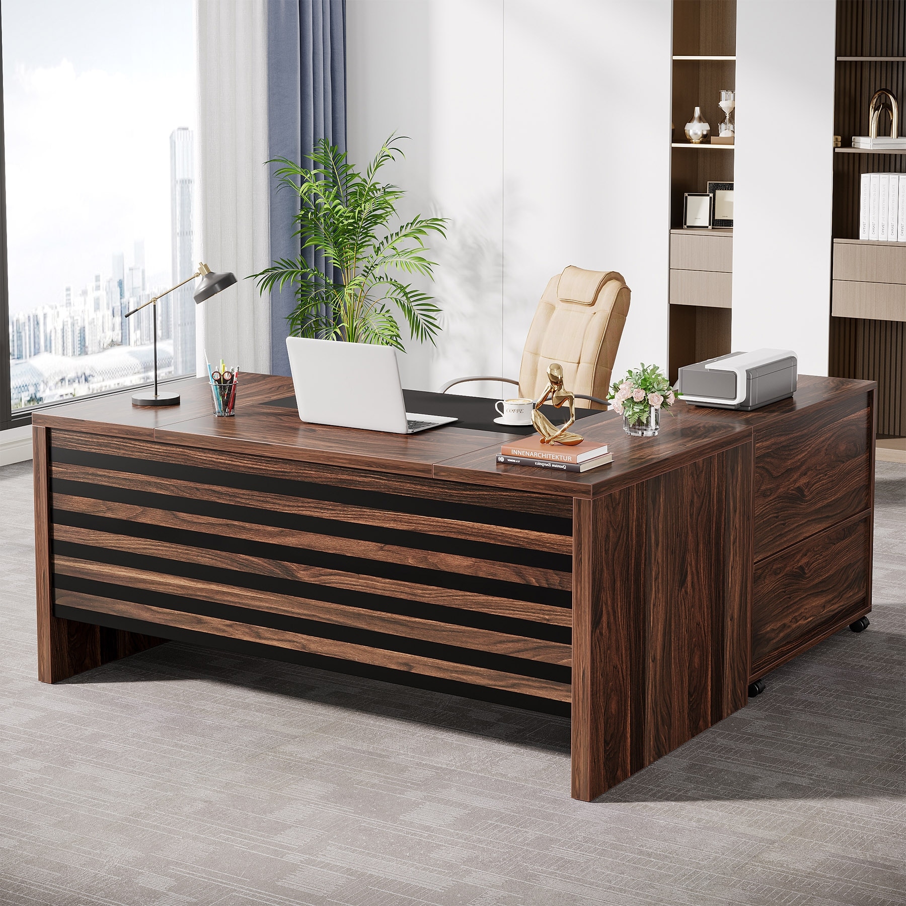 62.2" Executive Desk with Mobile File Cabinet, L-Shaped Office Computer Desk Business Workstation Set