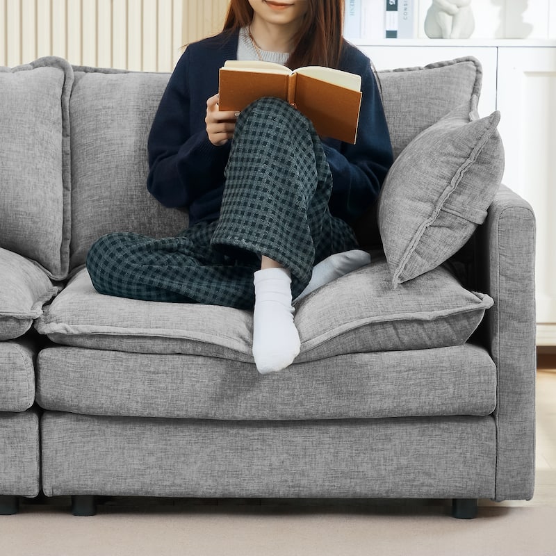 Chenille Chaise Sectional Sofa with Ottoman and 3-layers Cushions