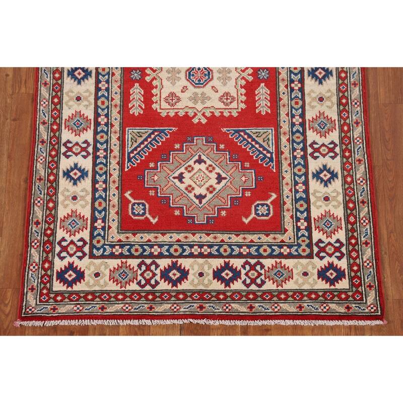 Geometric Red Kazak Accent Rug Handmade Oriental Wool Carpet - 3'3" x 4'10"