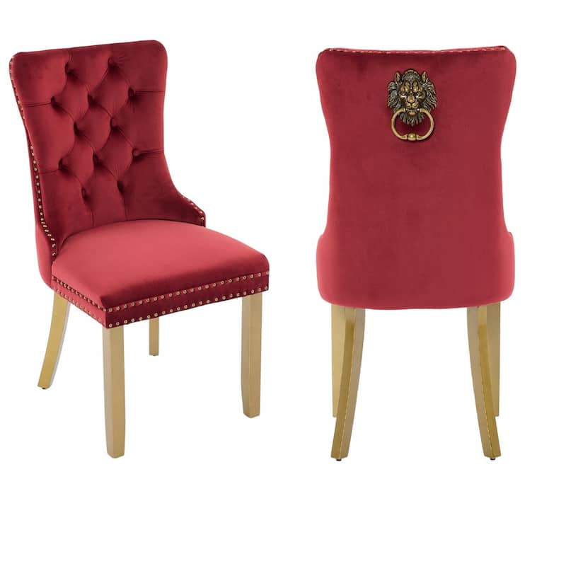 HomeRoots Set of Two Red and Gold Tufted Velvet And Solid Wood Dining Side Chairs - 19.70 in. x 37.50 in. x 17.30 in.