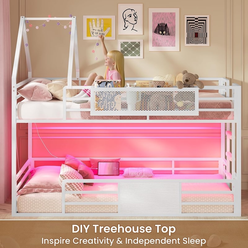 House Low Loft Bed Twin Size Storage Drawers Bookcase LED Lights