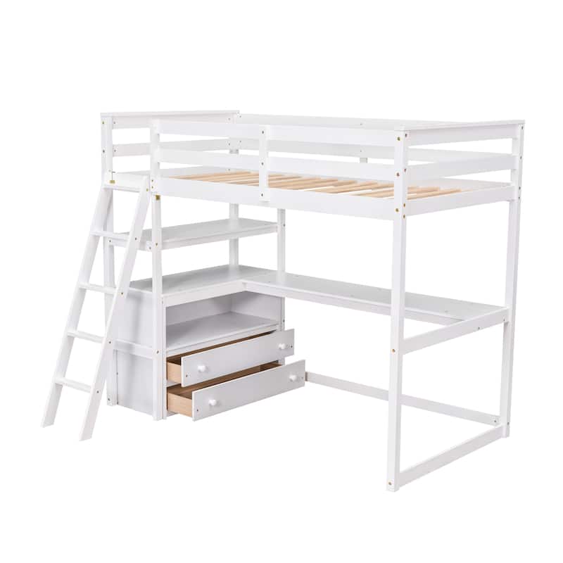 Twin Size Loft Bed with Desk and Shelves, Two Built-in Drawers