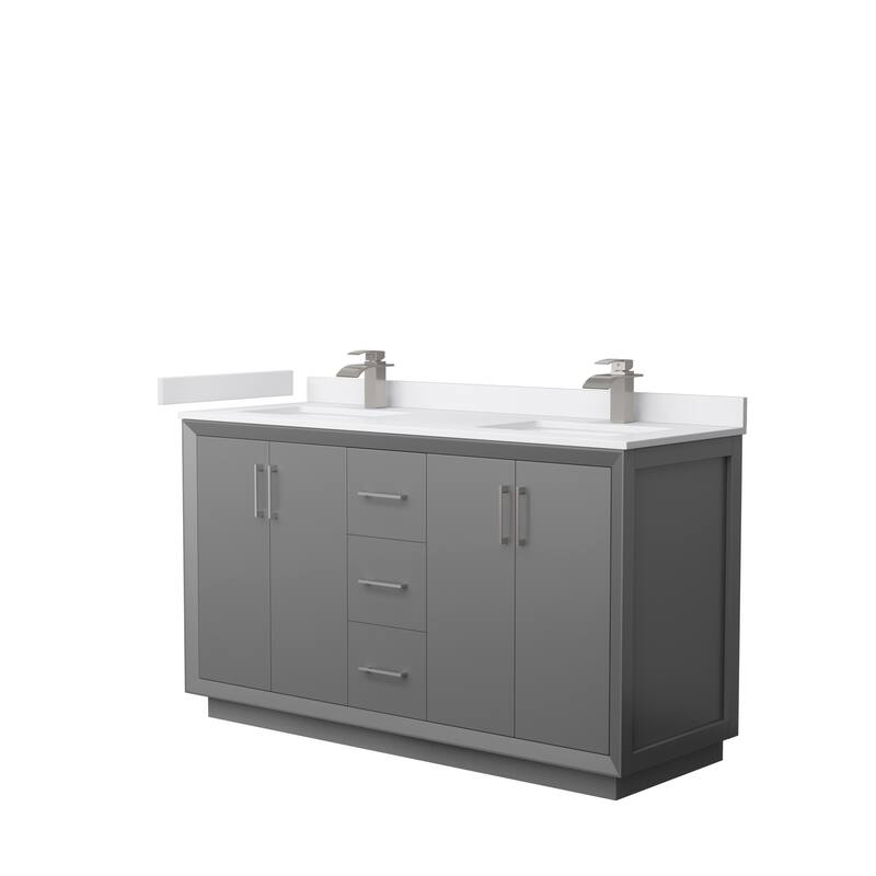 Strada 60-Inch Double Vanity Set, Cultured Marble Top - Dark Gray, Nickel Trim, White Cultured Marble Top
