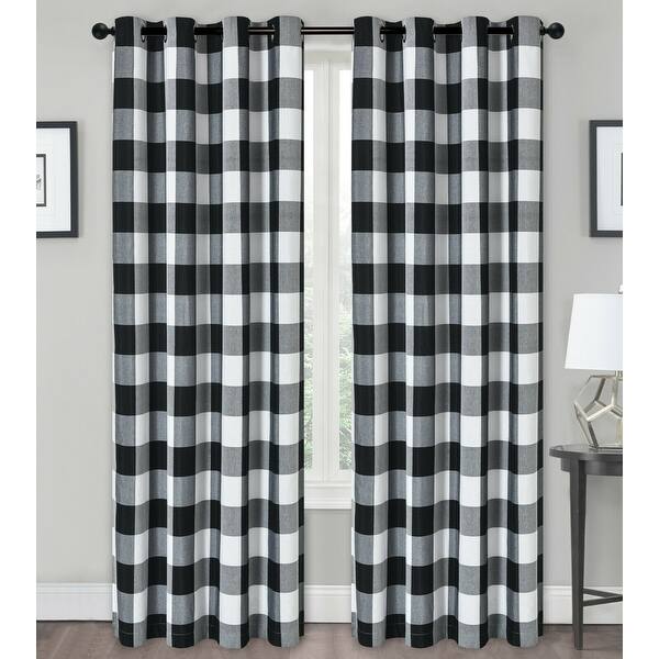 Kate Aurora Country Farmhouse Living Buffalo Plaid Checkered Black White Fabric Shower Curtain