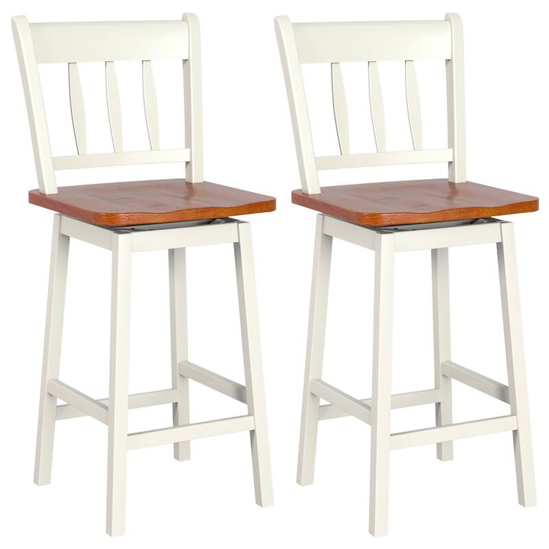 Set of 2 Bar Stools Wood Counter Height Bar Chairs Swivel Barstools - Walnut + Cream