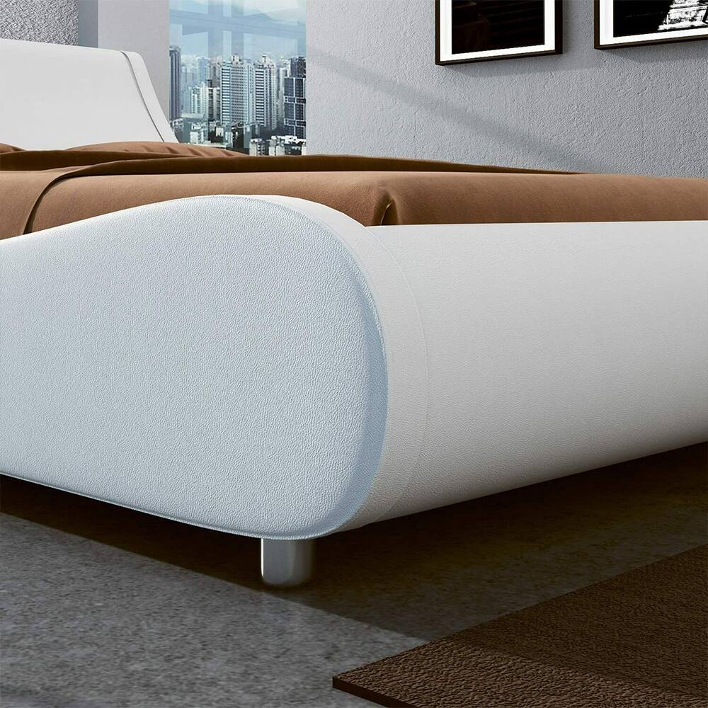 King Size Leather Low Profile Sleigh Bed Frame with Headboard, White