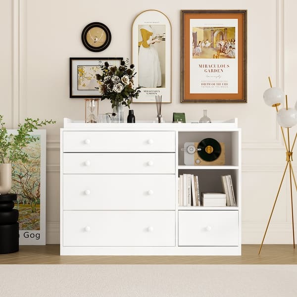 modern white nursery dresser Wood Nursery Baby Dresser,White Bedroom Dresser with 5 Drawers,38"H