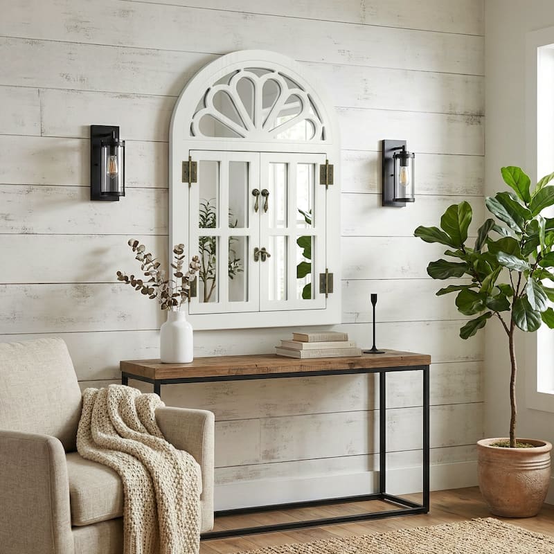 Solid Wood Arched Framed Windowpane Accent Mirror Wall Mirror - 24x36 - White Washed