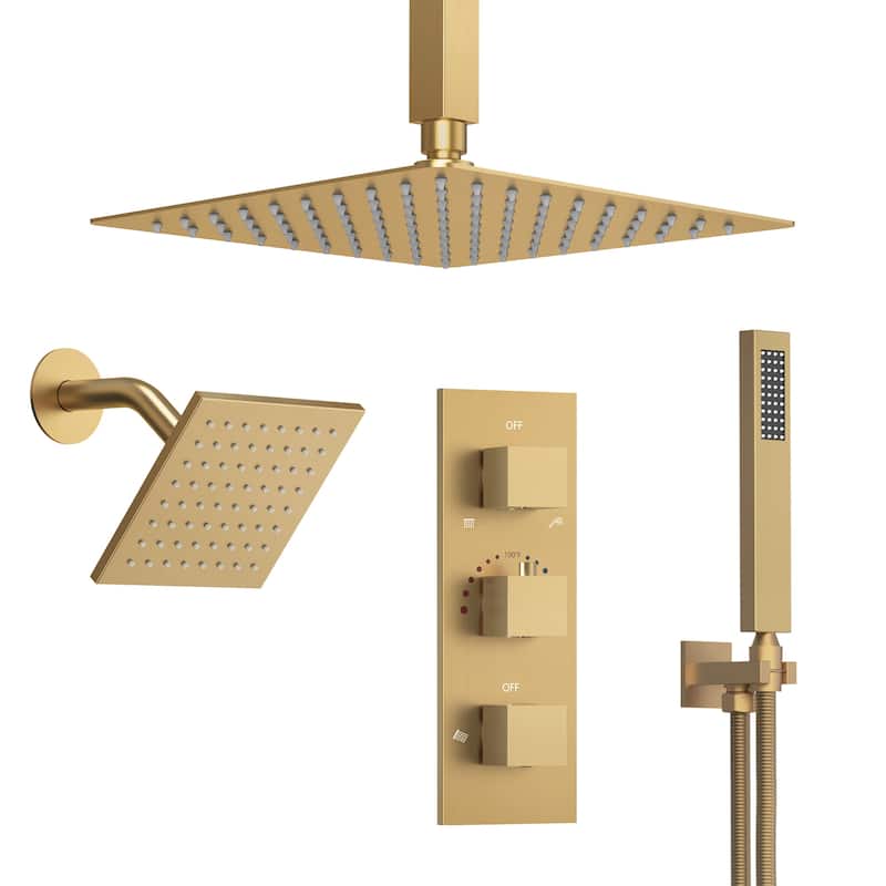 GRANDJOY 12" Dual‑Rain Shower System with Handheld, Ceiling and Wall‑Mount Heads, Thermostatic Valve and High‑Flow Design - Brushed Gold