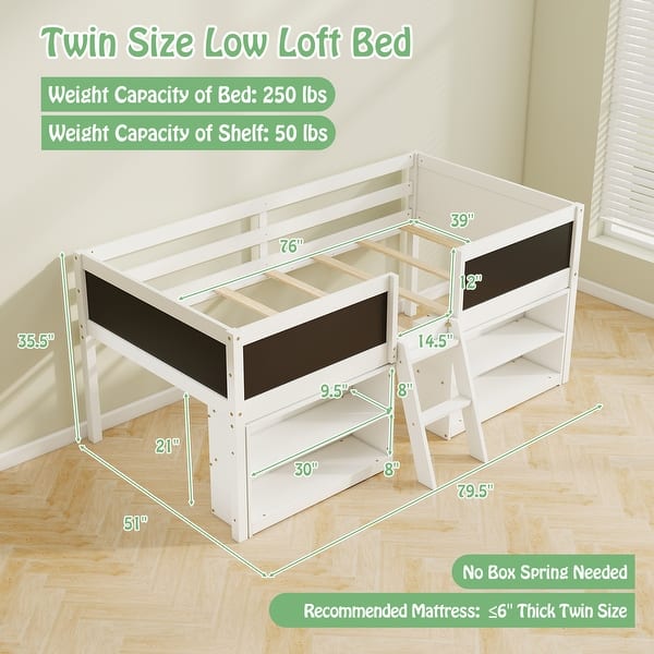 Kids Twin Size Low Loft Bed with Chalkboard 2 Step Ramp Ladder and 2 Tier Bookcase