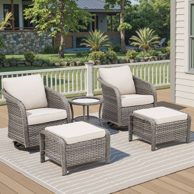 Pocassy Outdoor Patio Wicker Sofa Chair Furniture Set - Light Grey Wicker Beige Cushion - 5 Pieces Swivel Chair with Ottoman
