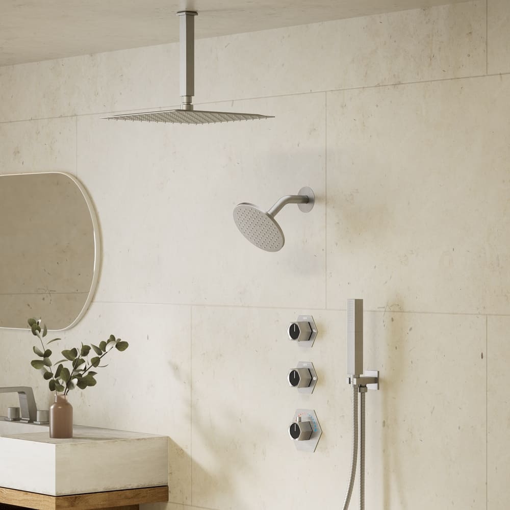 GRANDJOY Thermostatic Shower Faucet Set 12" Ceiling and 6" Wall Mount Rainfall Dual Shower Heads with Handheld Spray Combo