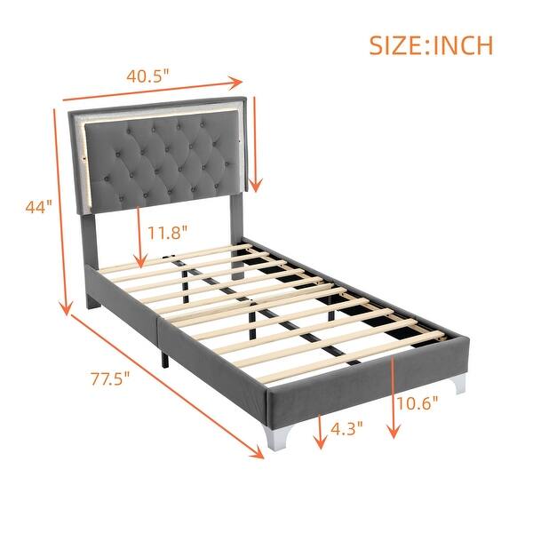 Twin Size Upholstered Platform Bed with LED Lights for Kids, Grey