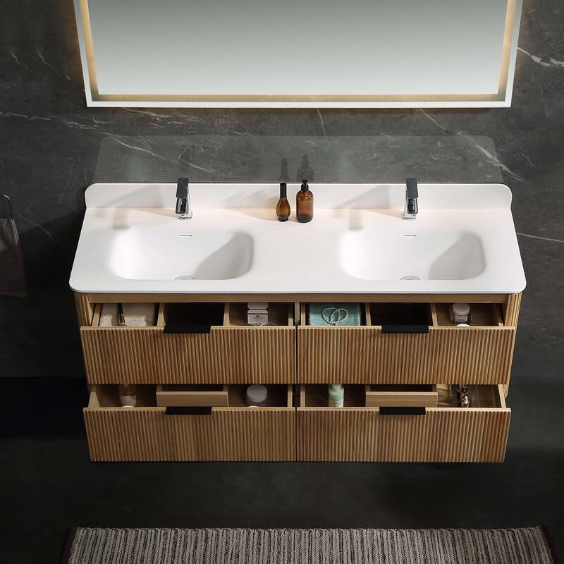 Modland 60" Natural Reeded Oak Wall-Mounted Double Sink Bathroom Vanity with Acrylic Top