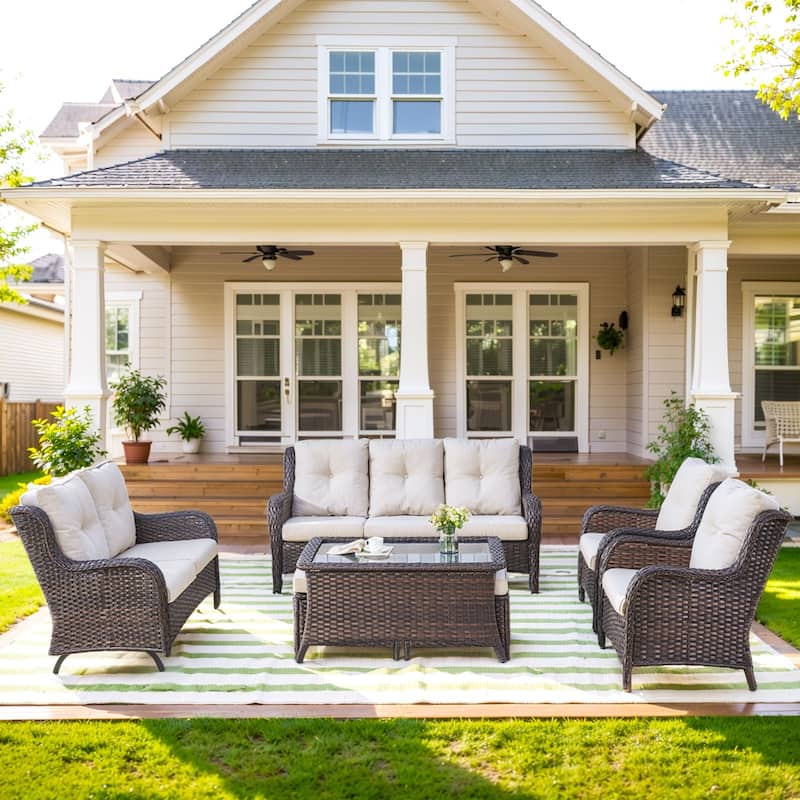 Outdoor Glider Loveseat Sofa Funitre Set - Brown Rattan - Beige Cushion - 7PCS Sofa Chair Table and Ottoman