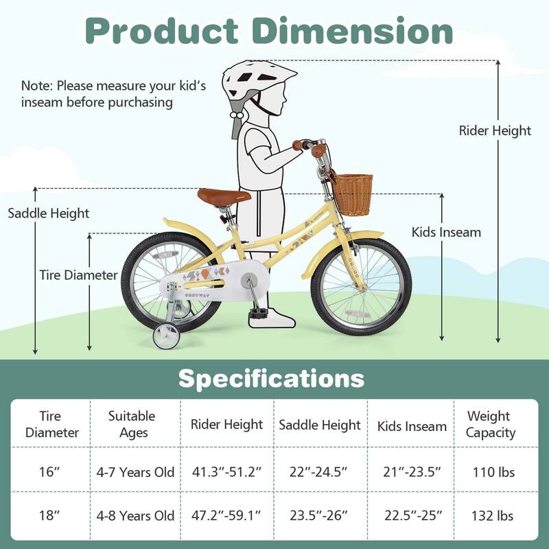 Costway 12"/14"/16"/18" Kids Bike with Height Adjustable Handlebar - See Details