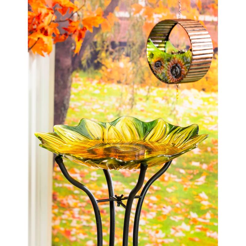 18 in. Sunflower Hand Painted and Embossed Shaped Glass Bird Bath