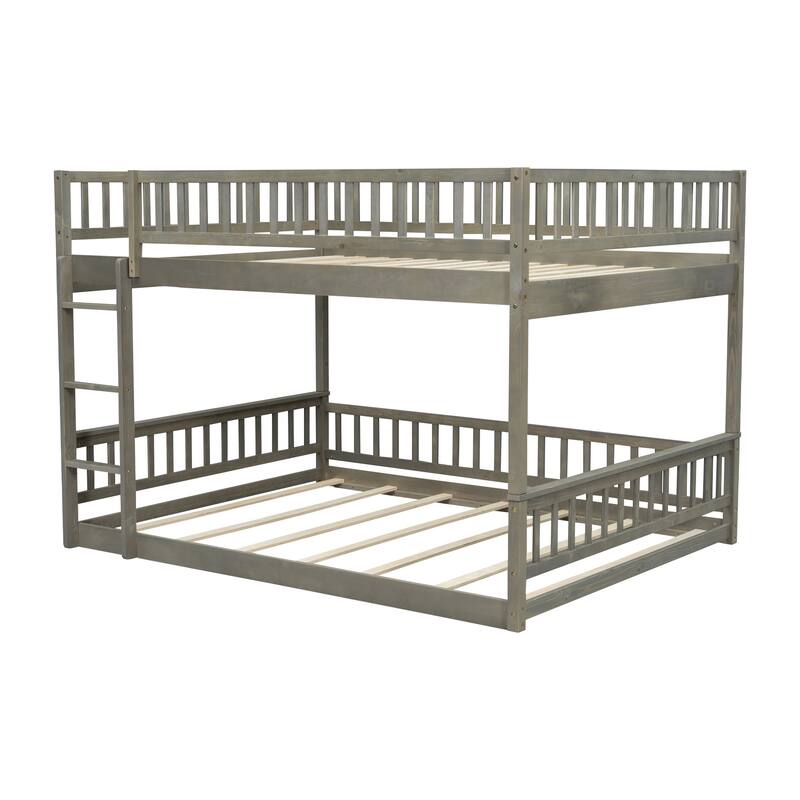 GDFStudio - Solid Wood Queen over Queen Bunk Bed with Ladder & Guardrails