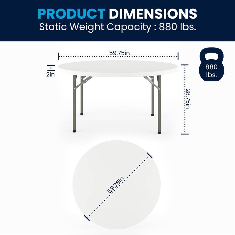 5-Foot Round Plastic Folding Event Table w/ 2" Thick Surface