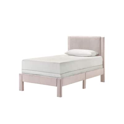 Twin Size Wood Platform Bed with Ribbed Upholstered Headboard and Low-Profile Frame
