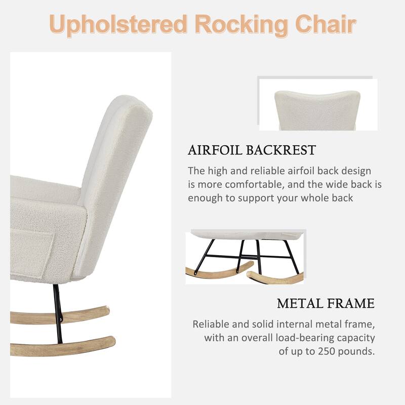 Javlergo Teddy Fabric Rocking Chair, Upholstered Nursery Glider Rocker with High Backrest & Side Pocket
