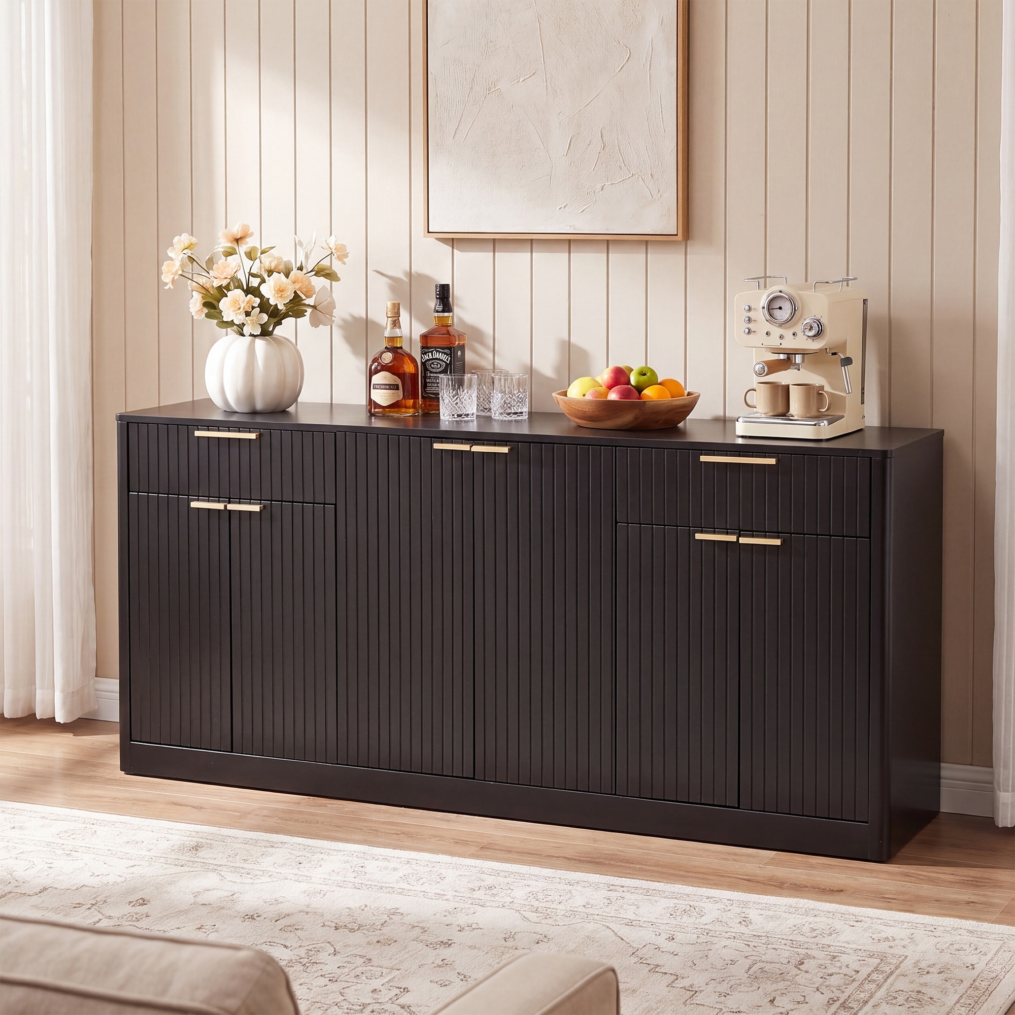 67" Fluted Sideboard Buffet Cabinet, Modern Wine Bar Storage Cabinet with Doors and Drawers, Coffee Bar Credenza for Dining Room