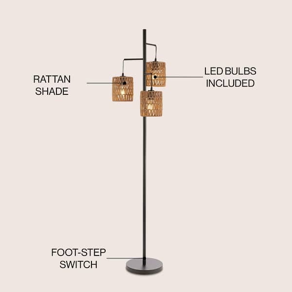 dimension image slide 1 of 2, JONATHAN Y Lara 70.75" 3-Light Mid-Century Bohemian Metal/Rope LED Floor Lamp, Black/Natural