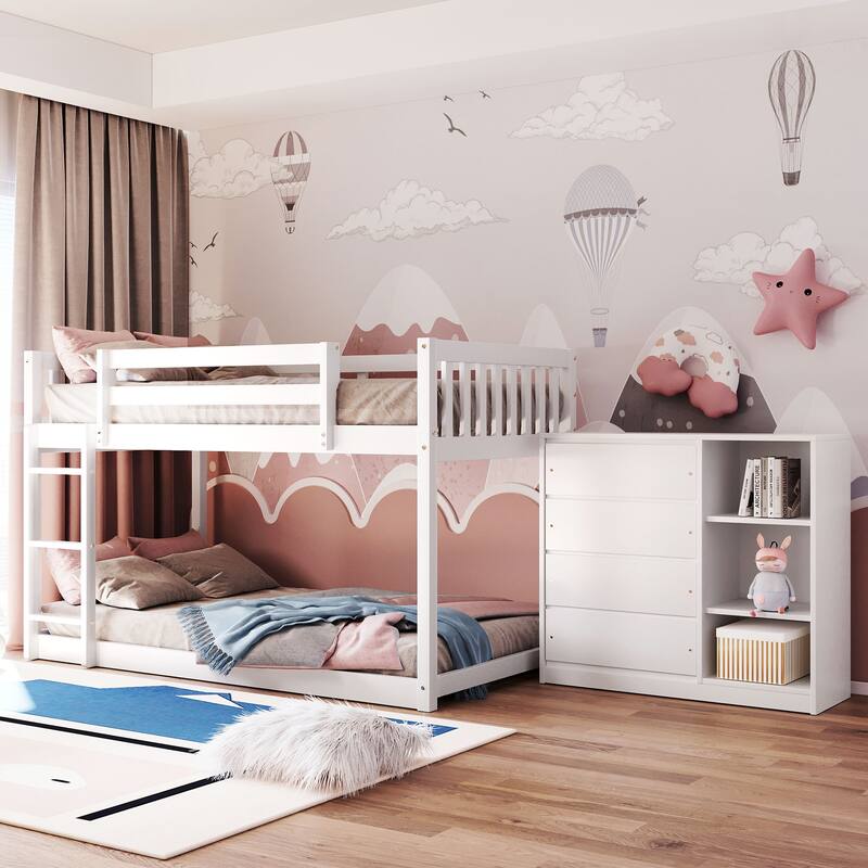 Floor Bunk Bed with Movable Storage Cabinet, Include 4 Storage Drawers and 3 Shelves, Solid Wood Bunkbeds Frame for Kids Teens