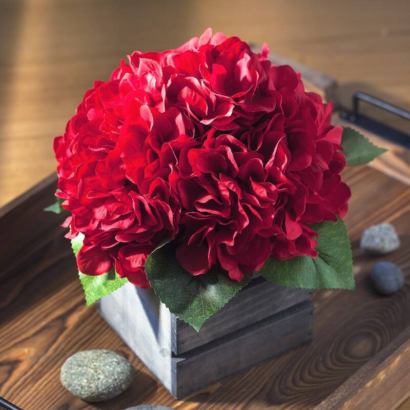 Enova Home Artificial Silk Hydrangea Fake Flowers Arrangement in Wood Planter for Home Office Wedding Decoration