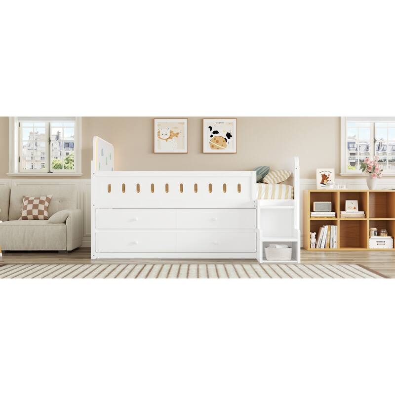 Roomfitters Full Size Wooden Bed with LED Headboard, 4 Storage Drawers and Ladder