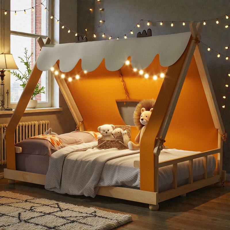 Twin/Full House Bed with Detachable Tent and Skylight, Kids Cabin Bed with Canopy, Light, and Forest-Themed Accents