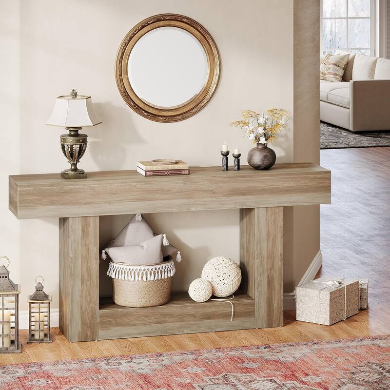 Farmhouse 63-Inch Long Console Table, 2-Tier Entryway Table Sofa Table with Storage