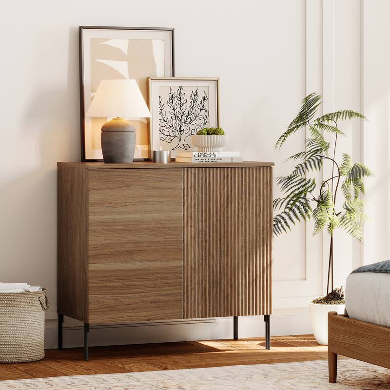 31.5" Modern Wood Reeded Dresser With Doors, Minimalist Dresser Organizer Storage Cabinet