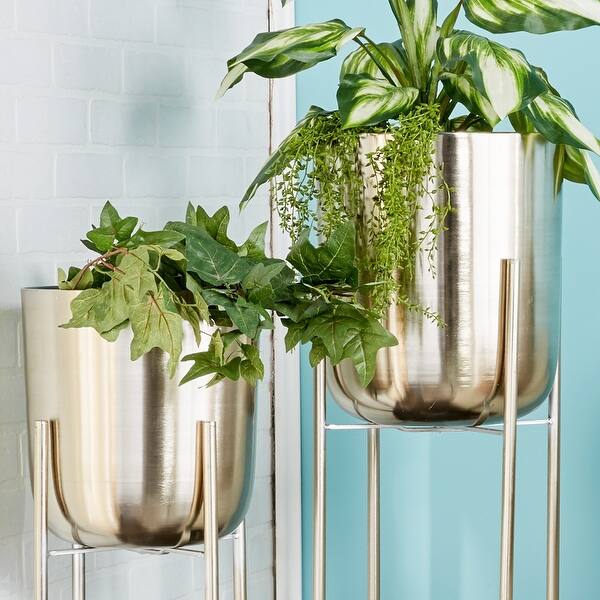 Shop Large Round Indoor Outdoor Metallic Gold Metal Planters In Gold Stands Set Of 2 11 X 22 10 X 19 Overstock 20445327