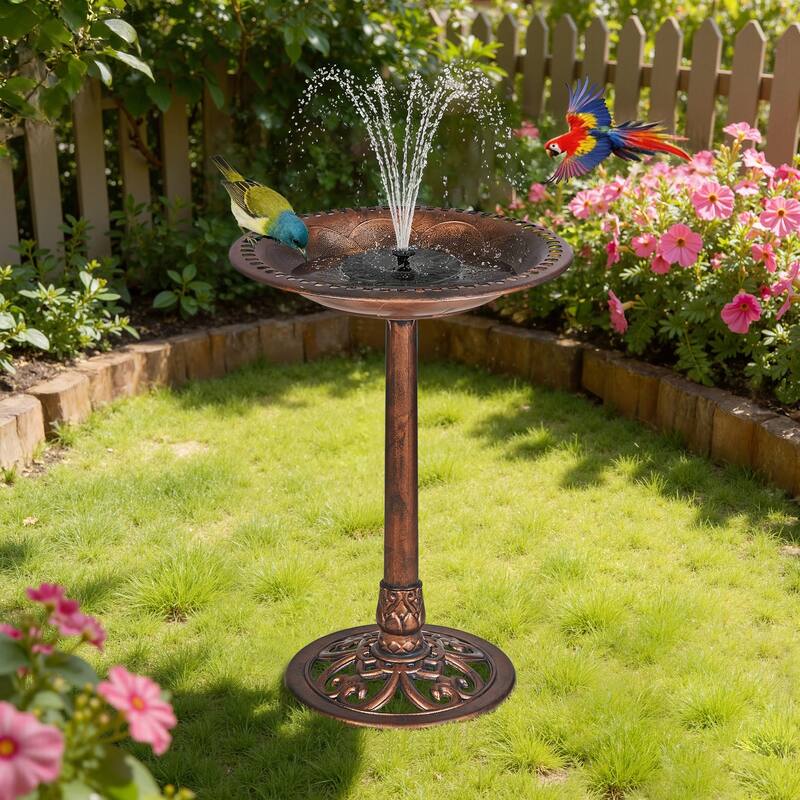 Javlergo 28" Pedestal Outdoor Bird Bath with Solar Powered Fountain for Outside Vintage Bronze Polyresin Lightweight - Brown