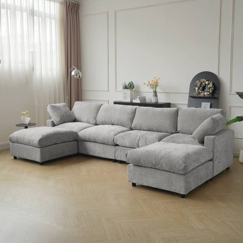 134" Cloud Sectional Couches for Living Room, Convertible U Shape Couch with Ottoman, 6 Seater Modular Sectional Sofa - Grey