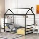 preview thumbnail 1 of 20, House Platform Twin Bed with Roof and Chimney Design, Sturdy Metal Frame Black