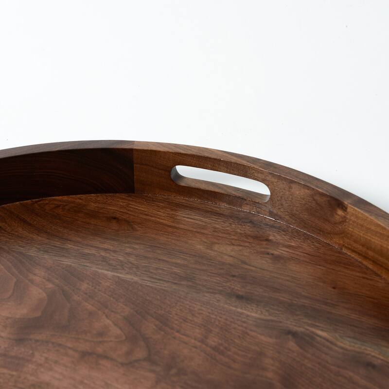 KINWELL Round Black Walnut Wood Serving Tray Ottoman Tray with Handles