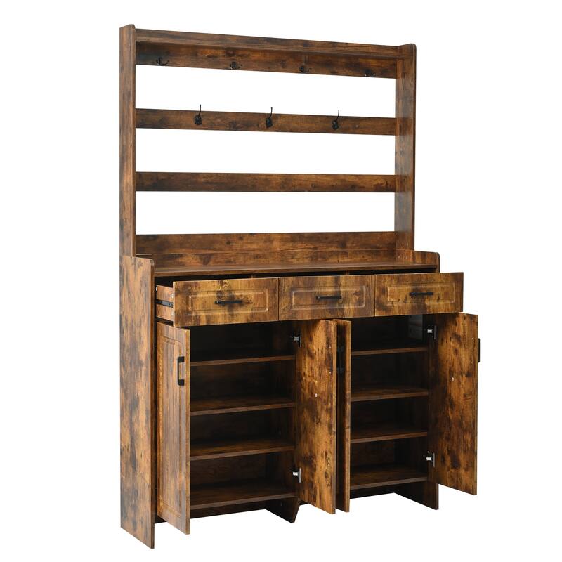 4 Door Shoe Cabinet with Coat Rack, Multi-Functional Shoe Rack with 3 Drawers, 8 Shelves, Entryway Wood Storage Console