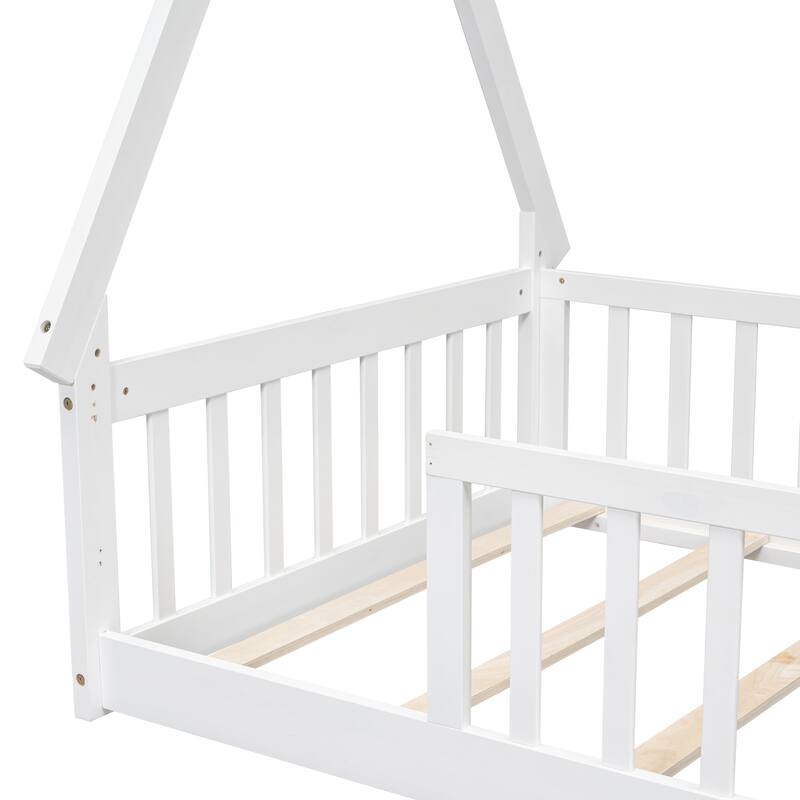 Tent-Shaped Twin Size Floor Bed with Fence and Guardrails, Pine Wood Construction