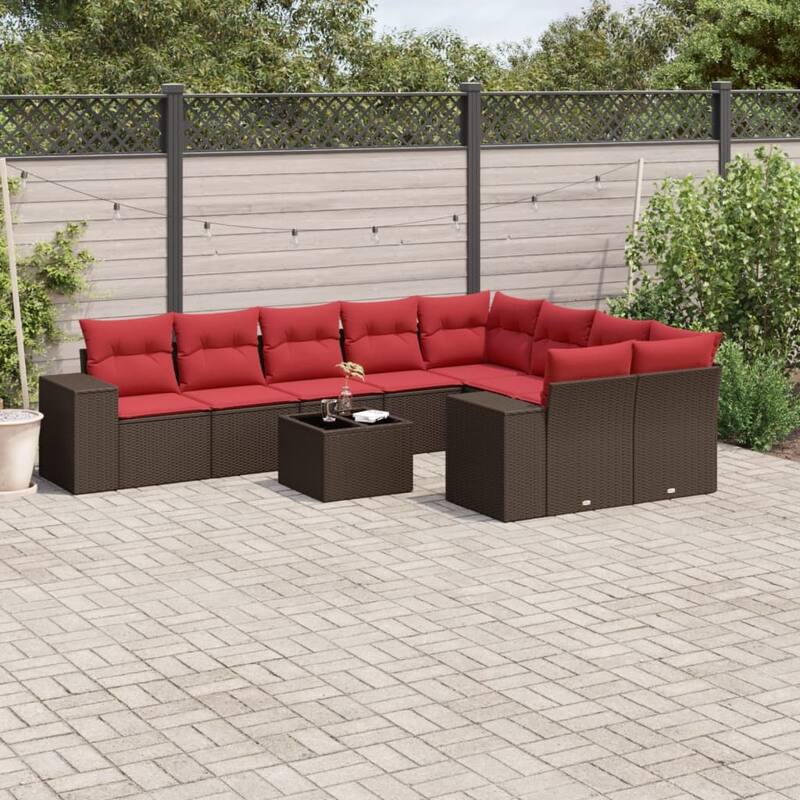 vidaXL 9/10 Piece Patio Sofa Set with Cushions Black/Brown/Gray Poly Rattan - 24.4 x 24.4 x 27.2