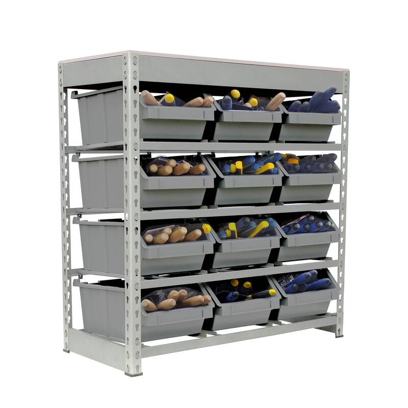 King's Rack Bin Rack Boltless Steel Storage System Organizer w/ 12 Plastic Bins in 4 tiers.