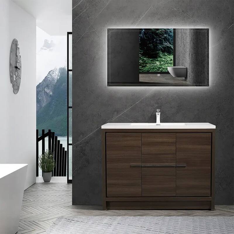 Freestanding Bathroom Vanity Set in Grey Oak with Integrated Solid Surface Sink