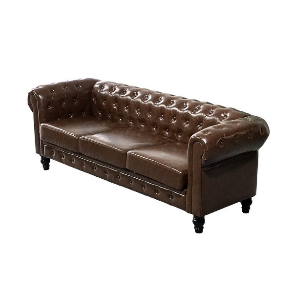 Button Tufted 3 Seat Sofa Chesterfield Loveseat Leather Sofa for Living Room Rolled Arms Couch with 4 Gourd Shaped Legs Brown