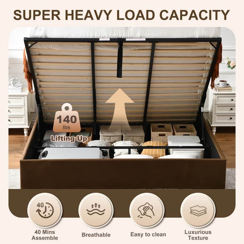 Modern Upholstered Lift-Up Storage Platform Bed with Headboard