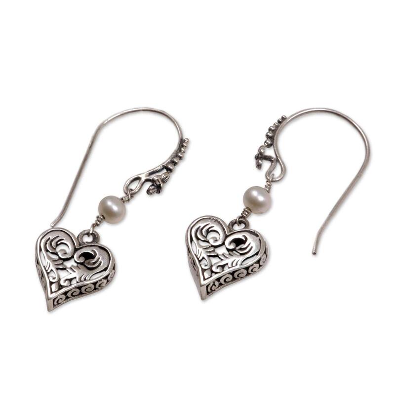 Novica Handmade Sterling Silver Love in Nature Pearl Earrings (5 mm) (Indonesia) - 1.5" x 0.5" W x 0.1" D