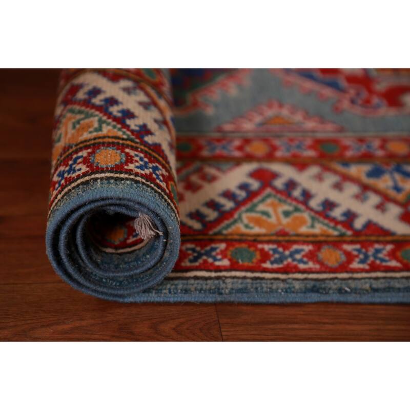 Geometric Kazak Foyer Rug Blue Traditional Handmade Wool Carpet - 2'9"x 3'11"