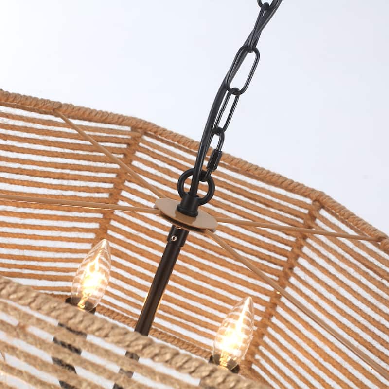 18.89-inch Bohemian-style 6-light octagonal metal chandelier with twine lampshades and adjustable height