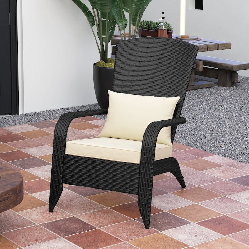 Outdoor Rattan Adirondack Chair with Cushions and Steel Frame Patio Seat for Porch or Pool - 25.2" W x 31.5" D x 35.4" H - DeepBrown-Cream White 